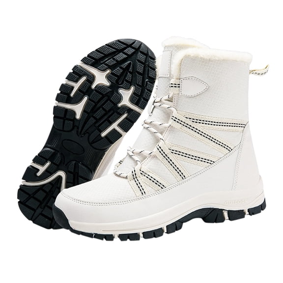 AUDeals Mens Winter Snow Boots Lace Up Mid Calf Warm Waterproof Outdoor Shoes Thick Rubber Sole Non Slip Hiking Boots (White, 6.5)