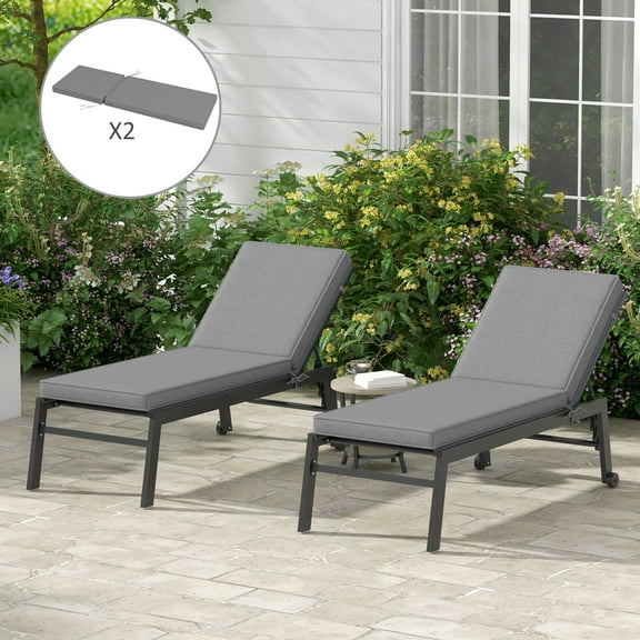 Outdoor 2 Chaise Lounge Chair Cushions with Backrests & Straps, Gray