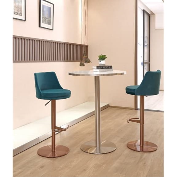 Carter Barstool, Adjustable Height, Swivel, Blue Velvet Seat, Rose Gold base