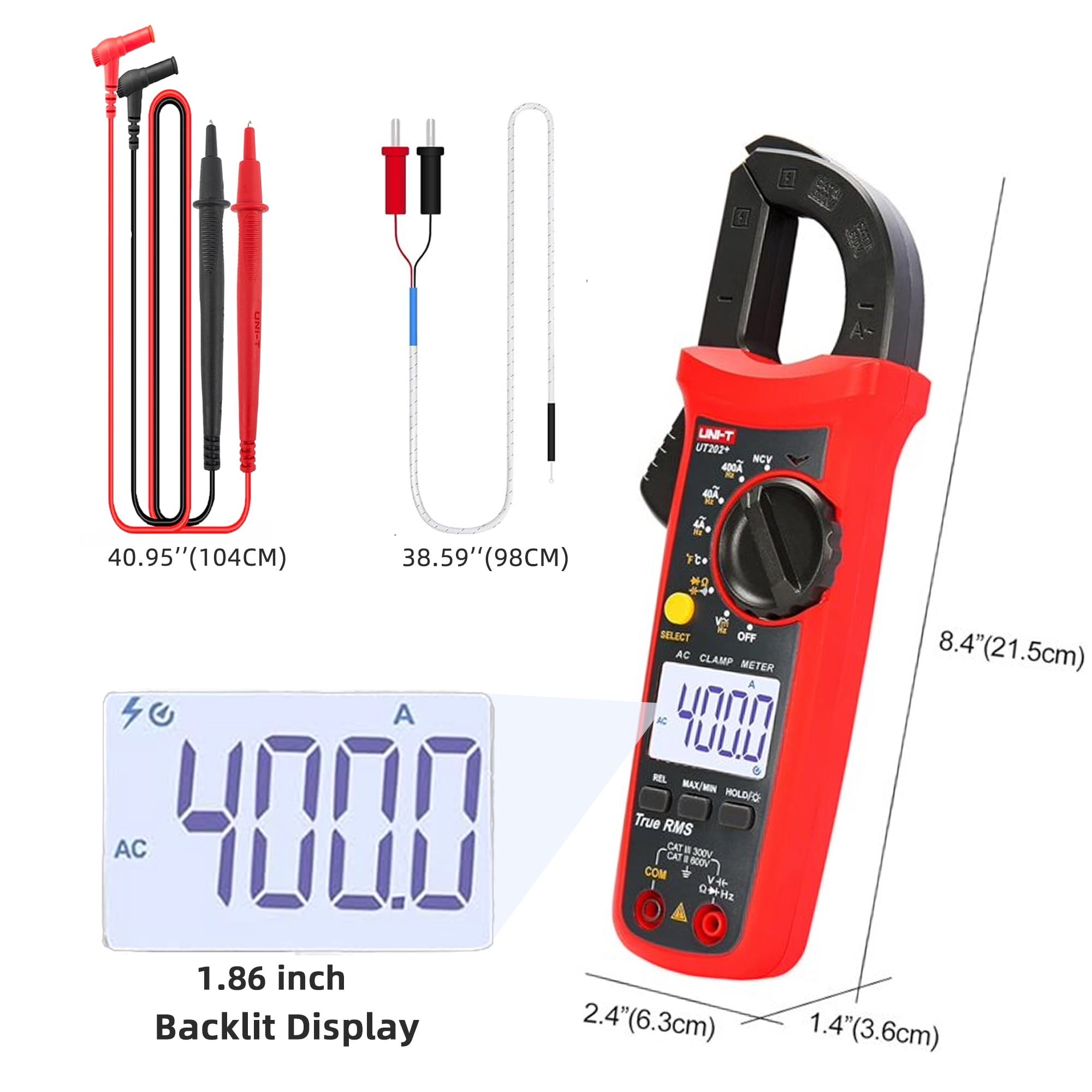 UNI-T 4000-Count Digital Clamp Multimeter UT202+ True RMS Clamp Meter 600V AC/DC Voltage,AC Current,NCV Capacitance Resistance Temperature Tester for Home Automotive DIY