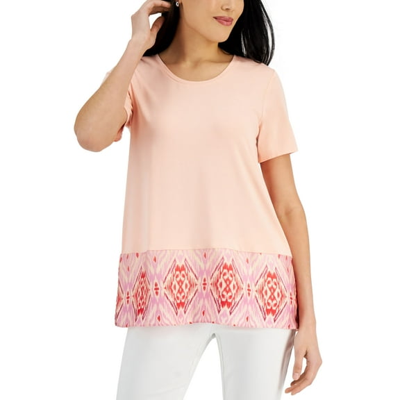 JM Collection Womens Border Print Top Whip Peach Combo L