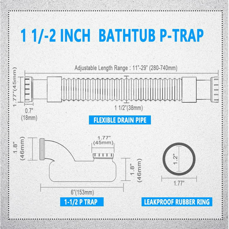 Flexible Bathtub Shower Drain Pipe Freestanding Tub Drain for Bath P Trap  for Acrylic bathtubs Low Profile p Trap 1 1/2 Bath Flat Trap Kit for
