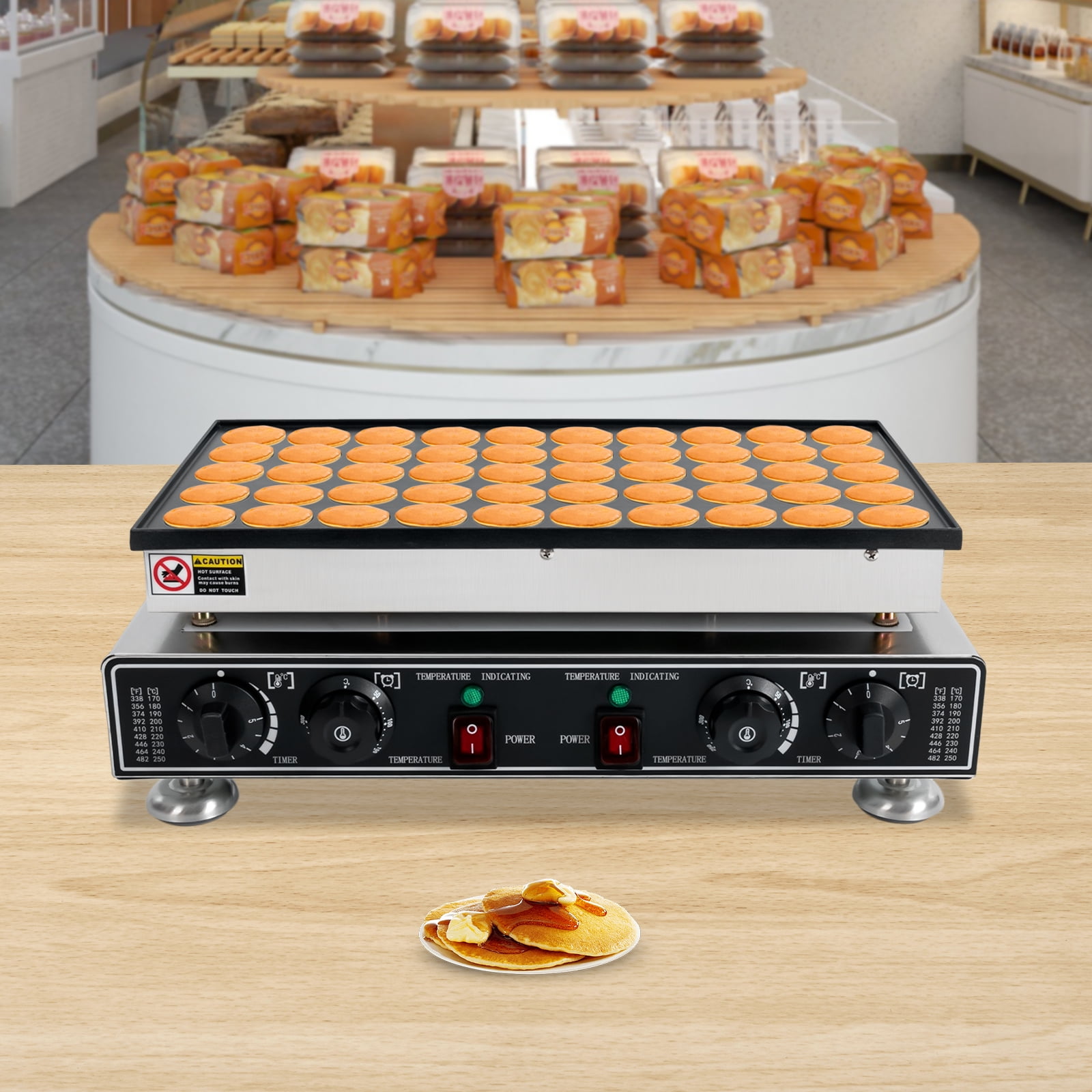 Commercial Dutch Pancakes Maker, 50-hole Grid Muffin Machine Electric Waffle Dorayaki Maker, 2 Switch 5-minutes Timer Setting, Stainless Steel Body+ Non-stick Cast-iron Plate