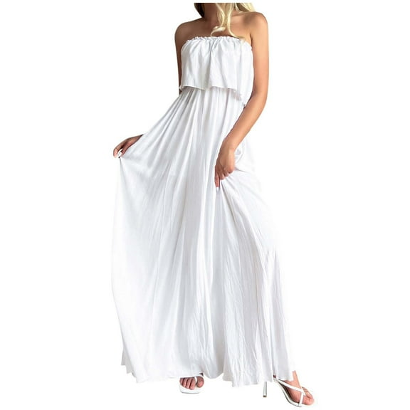 USSUMA Solid Color Long Tube Maxi Beach Dresses for Women Casual Summer Off Shoulder Sleeveless Womens Sun Dresses Vacation Strapless Bandeau Ruffle Flowy Sundresses Wedding Guest for Women