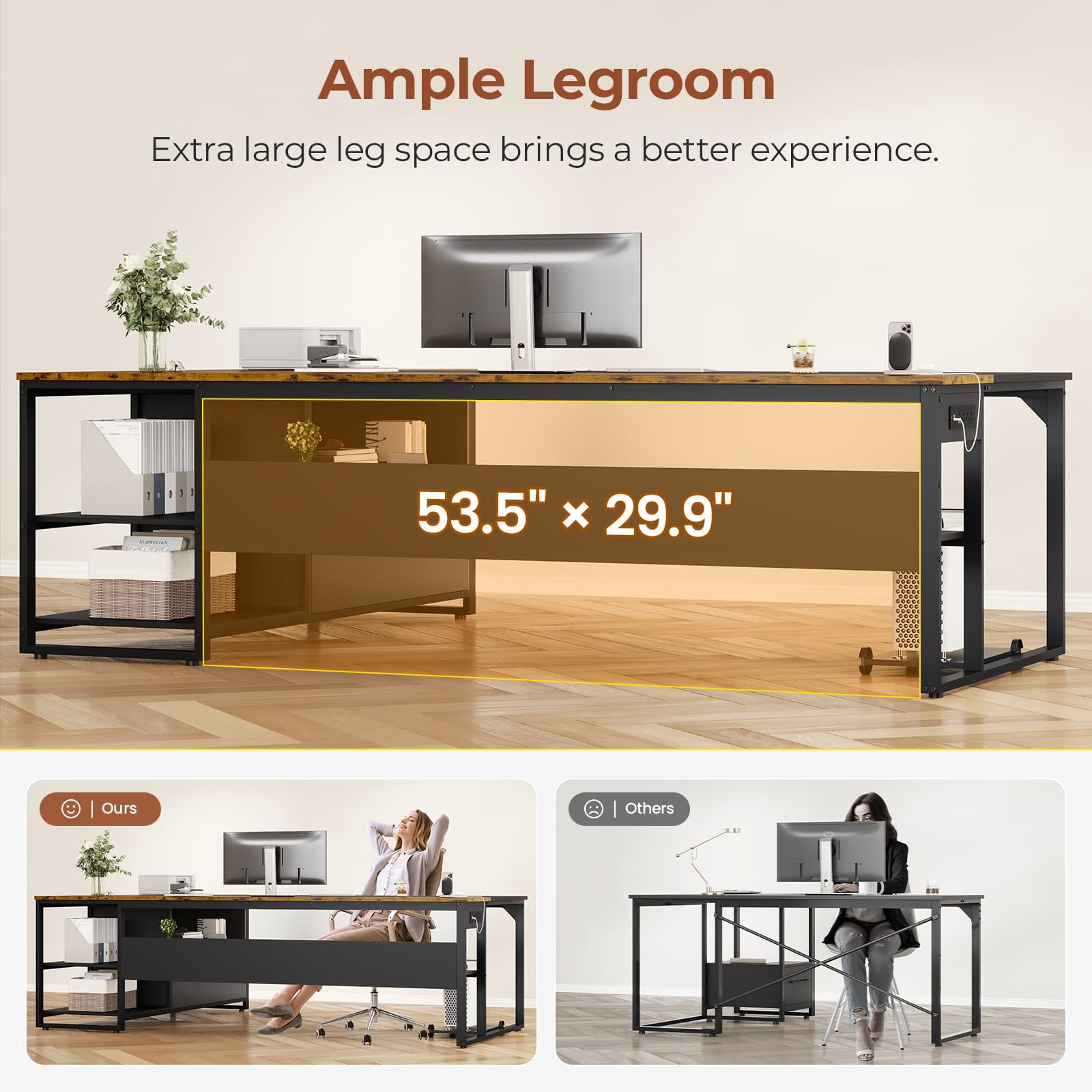 71" Executive Desk, Large Office Desk with Widen File Drawers & Power Outlets, Reversible L Shaped Computer Desk Corner Desk with Storage Shelves, CPU Stand, Hooks, Business Furniture