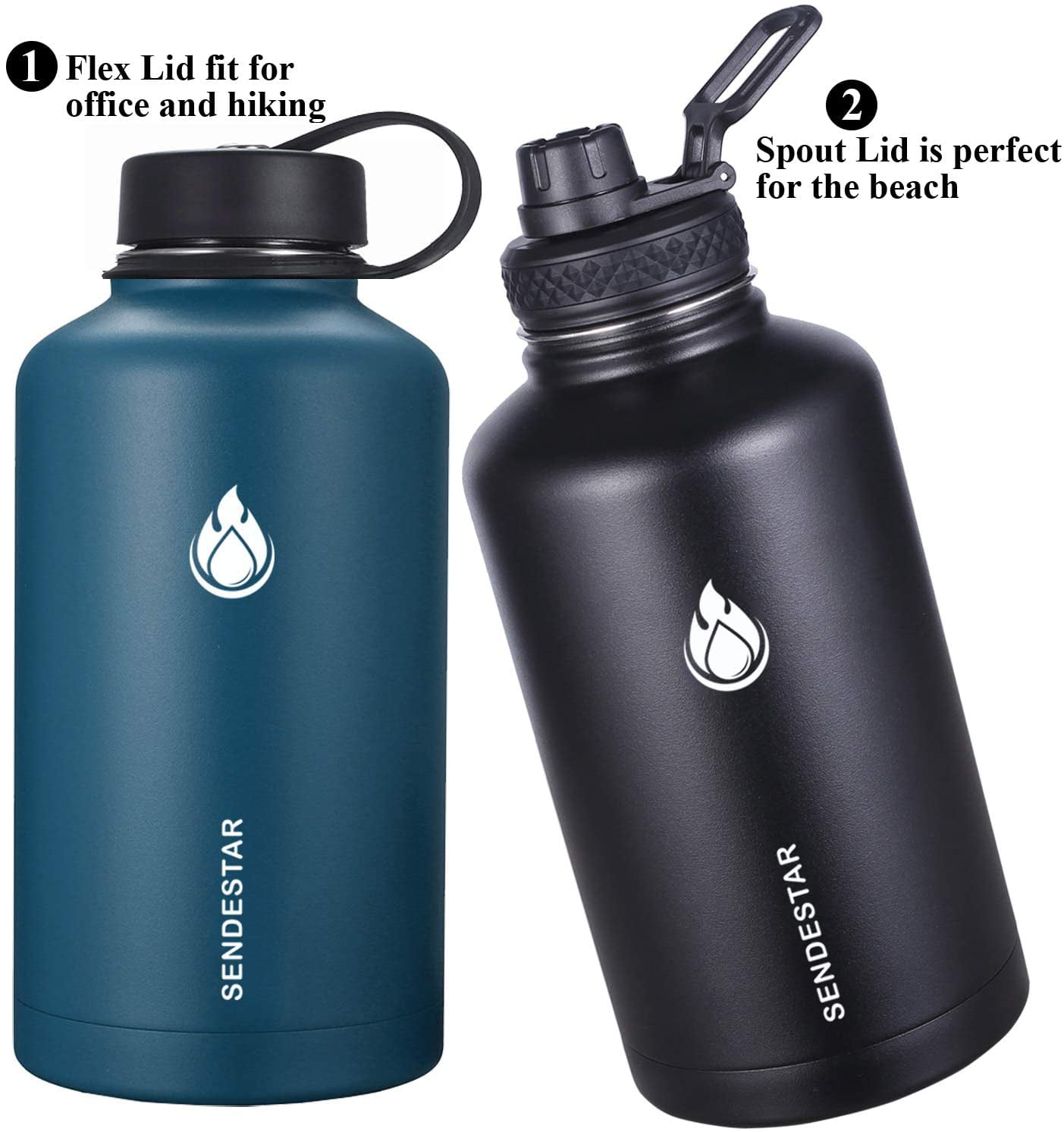 Mint/Cobalt SENDESTAR 64 oz Beer Growler Double Wall Vacuum Insulated Leak Proof Stainless Steel Water Bottle —Wide Mouth with Flat Cap & Spout Lid Includes Water bottle Pouch 