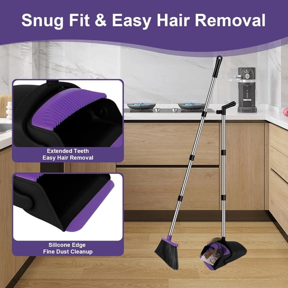 51" Purple Broom & Dustpan Combo with Silicone Squeegee Air Broom Kit for Home Window Rug Pet Hair Cleaning