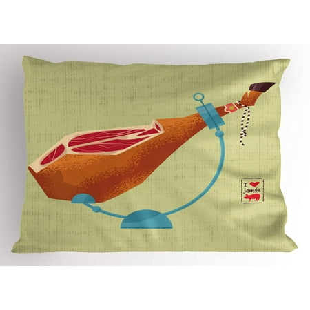 Spanish Pillow Sham, Dry-Cured Spanish Ham Traditional European Restaurant Dinner Themed Graphic Print, Decorative Standard Size Printed Pillowcase, 26 X 20 Inches, Multicolor, by