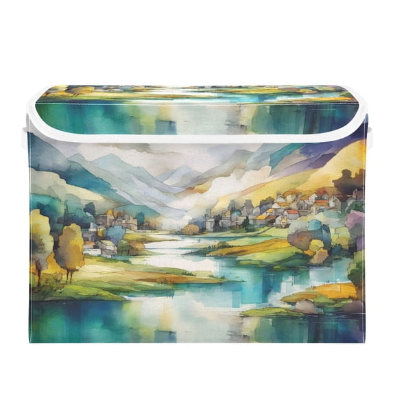 Storage Box With Lid 16.5x12.6x11.8In Foldable Stacked Household Storage Box Watercolor Mountain