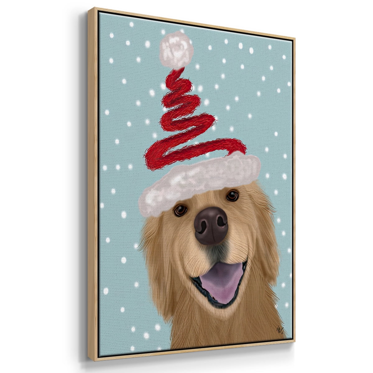 Christmas Golden Retriever and Spring Santa Hat - Framed Gallery Wrapped Holiday Canvas - 17 x 25 - Natural Wood Frame