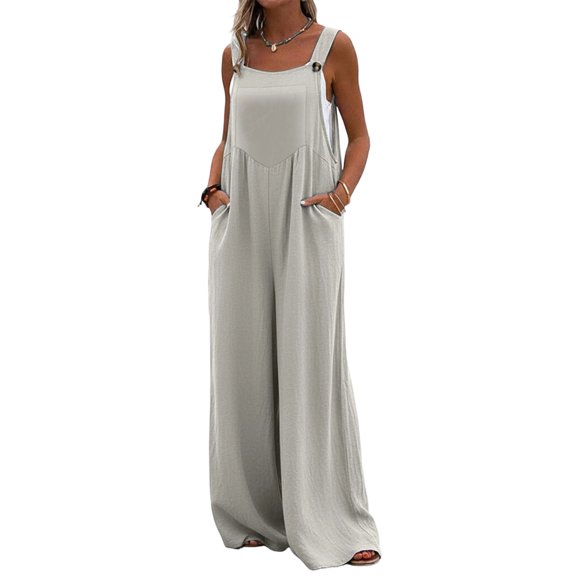 JUUNthy Bib Jumpsuit for Womens, with Pockets Wide Leg Sleeveless Button Strap Loose Fashion Long Romper Gray XL