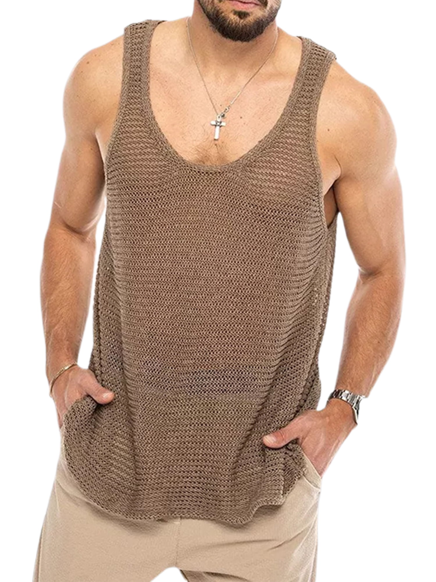 Summer Casual Solid Knitted Tank Tops Men Loose Crew Neck
