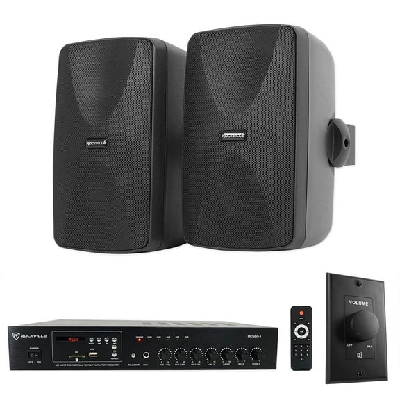 Rockville Commercial Restaurant Amp 2) Black 5.25" Wall Speakers Wall Controller