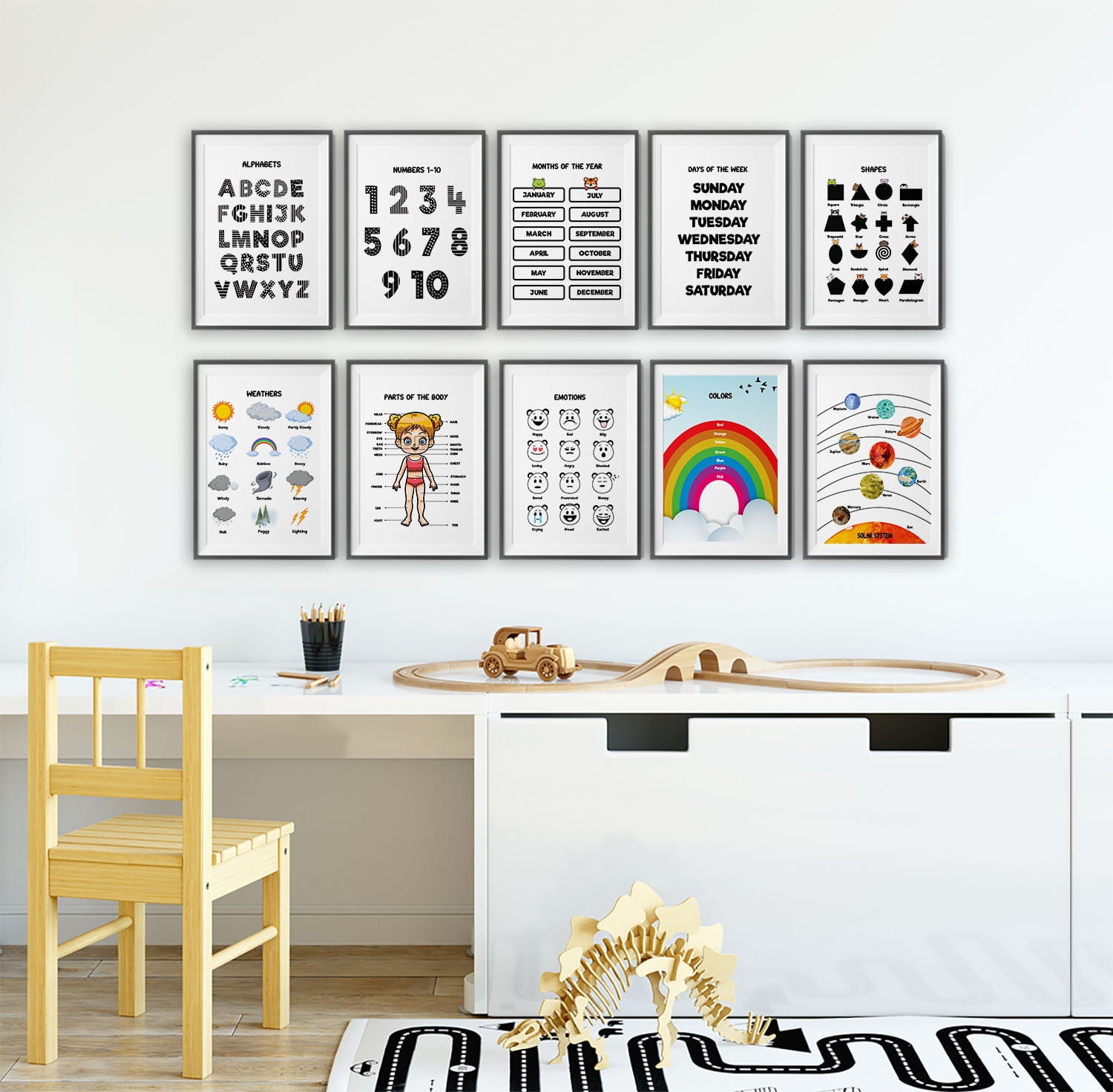 Traceease 10 Educational Posters for Classroom Decor & Kindergarten Homeschool Supplies Baby, Laminated Preschool Learning Chart Materials - Alphabet, Number 1-10, Part Of The Body, Seasons