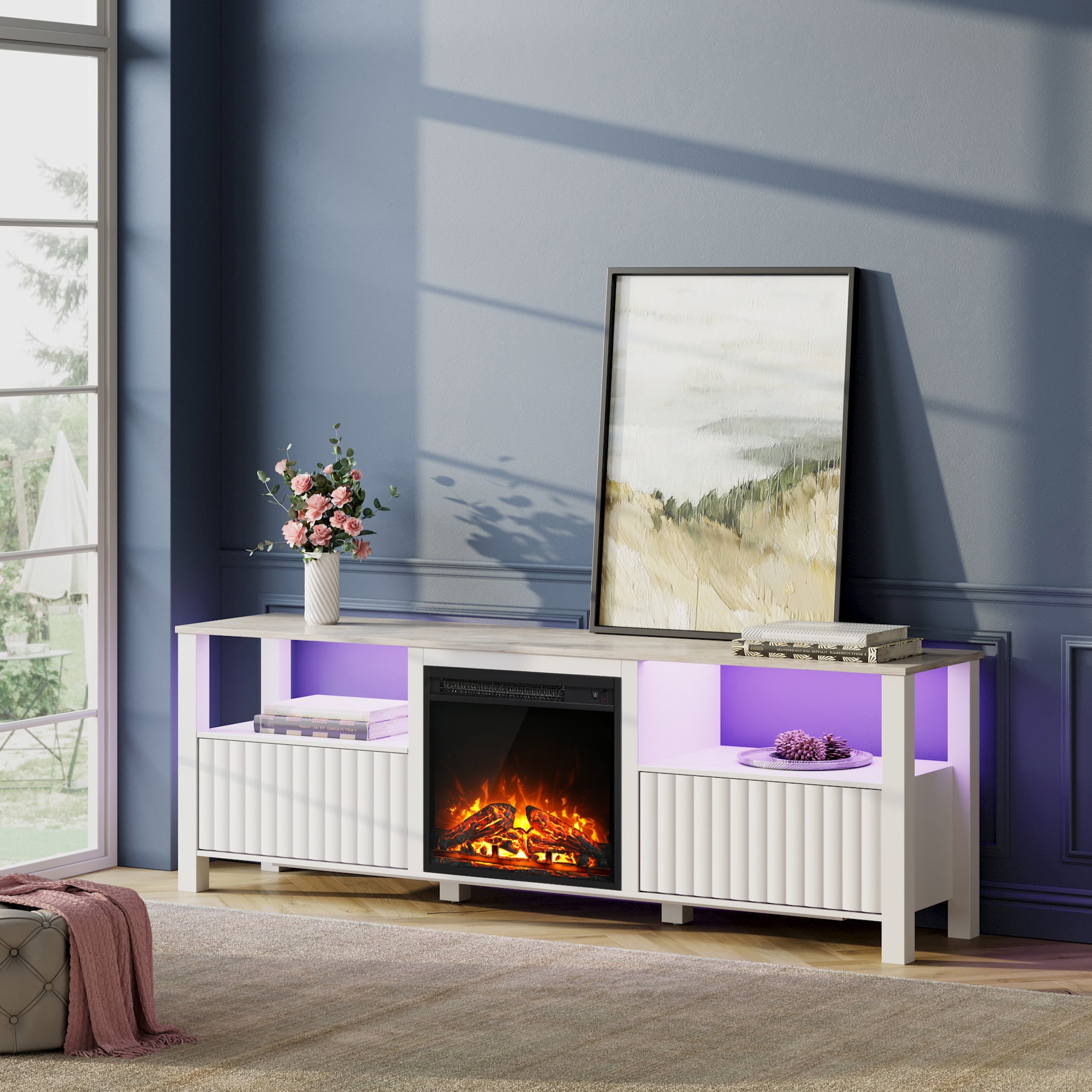 Fireplace TV Stand for TVs up to 80 Inch, Wood Entertainment Center for 75 inch TV with Electric Fireplace for Living Room Bedroom, 70 inch, White Sansujyuku sansujyuku.com