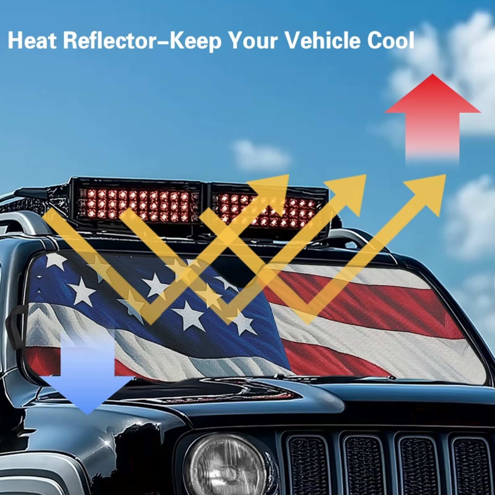 Uorisanigo Windshield Sun Shade, 3D USA Flag Car Sunshade Compatible with Jeep Wrangler Rubicon Sahara TJ JK JKU 2 Door & 4 Door, UV Rays Blocker Sun Visor Shade Keep Vehicle Cool