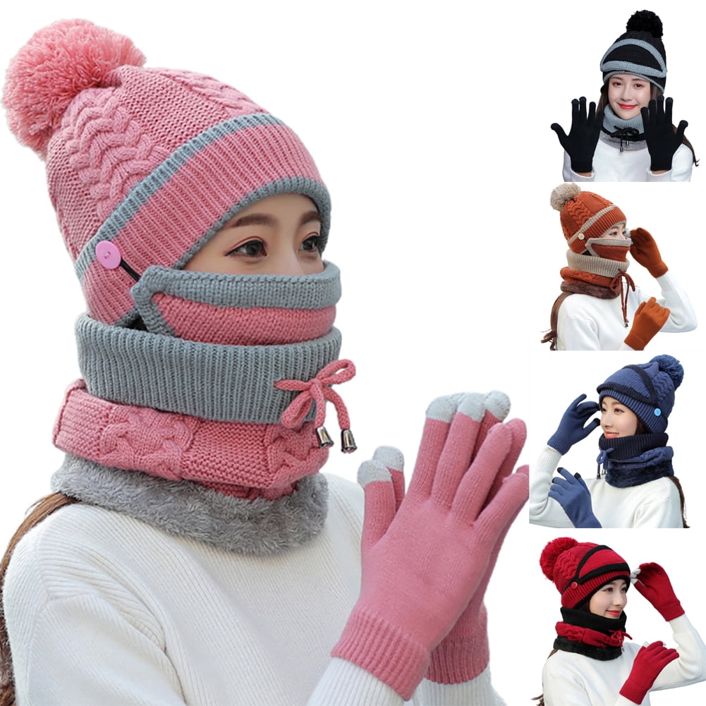 Fleece Lined Womens Beanie Knit Hat, Winter Mask Set,Girls Warm Hat Earmuffs Cap with Pom - Walmart.com