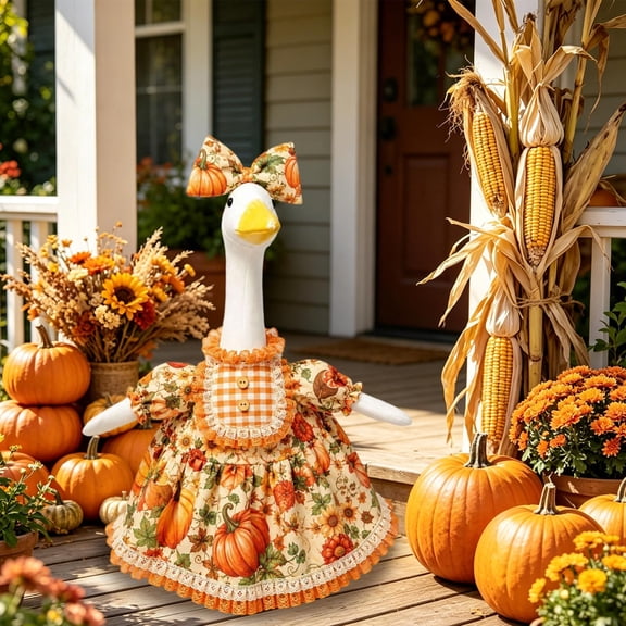 Porch Goose Fall Outfit Set,Pumpkin Floral Plaid Dress with Bow Hat for Garden Yard Statue,Halloween Thanksgiving Decor Gift