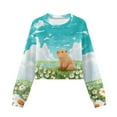 thumbnail image 4 of COEQINE Cute Crop Sweatshirt for Girls, Long Sleeve Crewneck Pullover Outfit Lightweight Sweatshirt Tops, Fall Winter Kids Fashion Age 13-14, Capybara Daisy Teal, 4 of 7