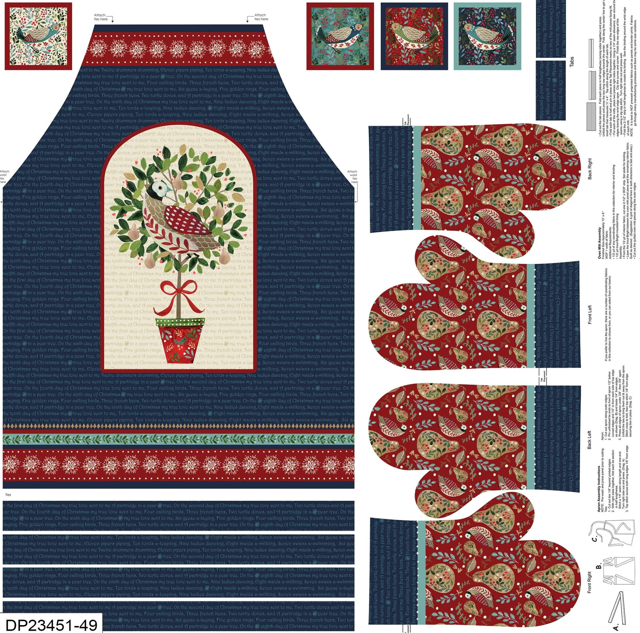 Countdown to christmas 2017 12 Days of Christmas Apron Panel 44x44- Christmas Fabric - Blue Cotton