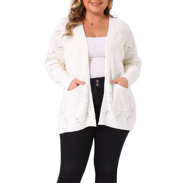 Suéter cárdigan de mujer plus size Agnes Orinda, abierto al frente, de manga larga, cárdigans de punto casual con bolsillos 4X blanco