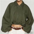 thumbnail image 5 of Lutiedan Cropped Zip Up Jacket for Women Lapel Puff Long Sleeve Pleated Coat Casual Baggy Trendy Colid Color Outerwear,Army Green,S, 5 of 6