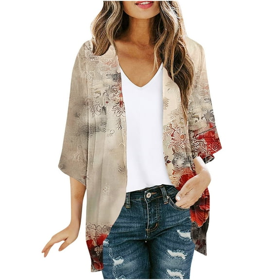 Hvyesh Plus Size Cardigan for Women Lightweight Open Front Kimono Cardigan Floral Print Swimsuits Cover Ups
