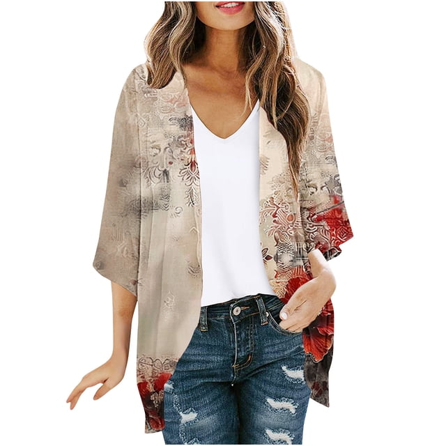 breaise Cardigan Grande Taille pour Femmes, Kimono Léger à devant Ouvert, Cardigan à Imprimé Floral, Cache-Maillots, Multicolore, TTTG