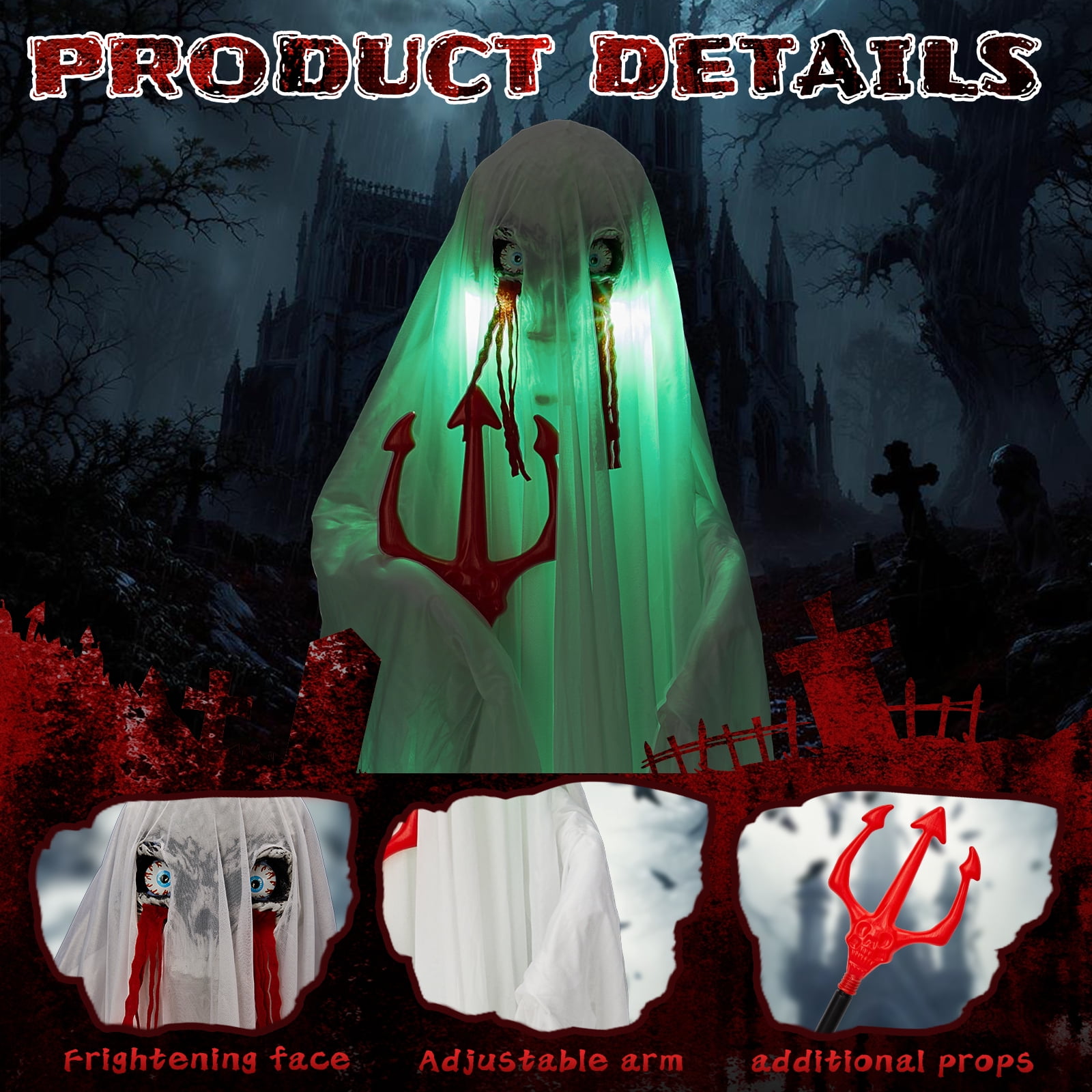 Astoutdoor Halloween Animatronic Ghost with Trident, Sound-Activated, Green Lights, 4.3 ft, Green