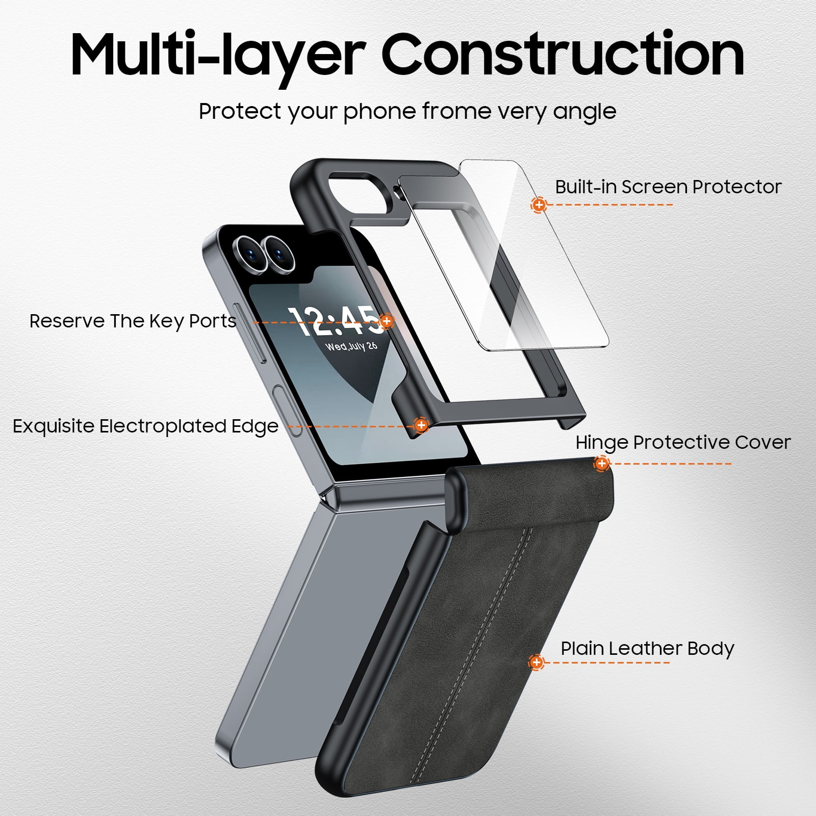 Oupeigar for Samsung Galaxy Z Flip 6/7FE Phone Case With Hinge Protection & Screen Protection,Ultra Thin Leather Shockproof Cover Case-Black
