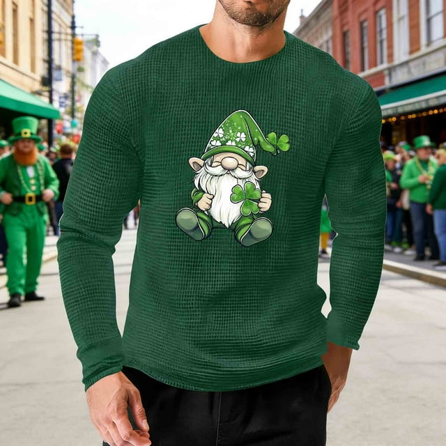 Ceisia Men Fashionable Casual Loose Elastic Long Sleeve Round Neck St Gift Patrick's Day Lucky Graphic Print T shirt for Daily Fit