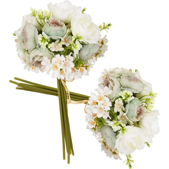 2pcs Artificial Flower Bouquets,12 Inch Wedding Bouquet for Bridesmaid, Tossing Bouquet for Bridal Shower Wedding Ceremony,White and Green
