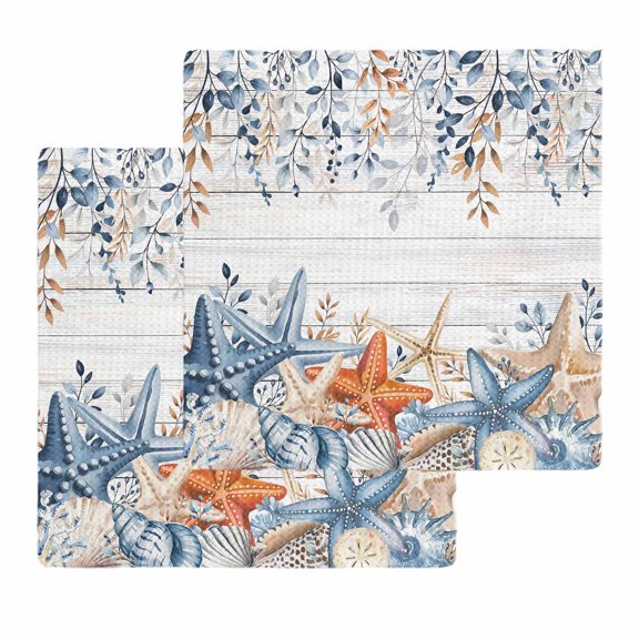 Blue Coastal Kitchen Dish Towels for Drying Dishes Set of 2, Summer Beach Starfish Weeping Eucalyptus Wooden Waffle Weave Microfiber Hand Tea Bathroom Towels Quick Dry & Absorbent Towel 12x12