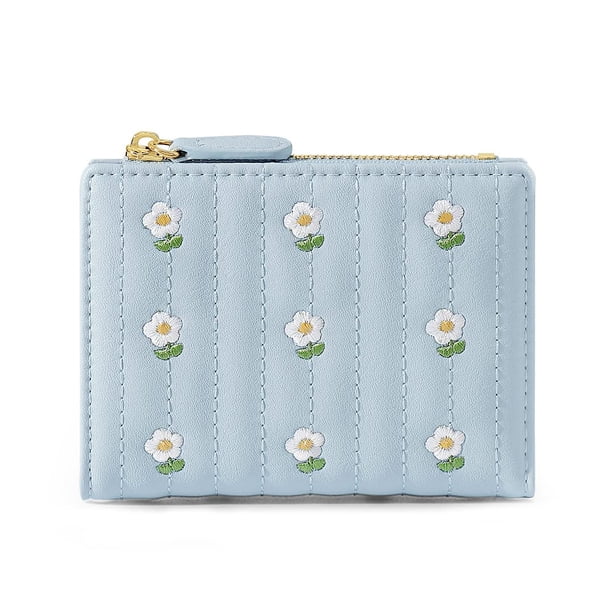 Cartera pequeña para niñas, mujeres, billetera con tres pliegues, bolsillo para efectivo, tarjetero, monedero con ventana de identificación, elegante, juvenil y lindo, flores, azul Sincero Hogar