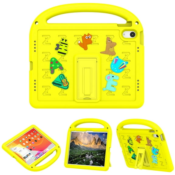 Allytechgroup Kids-Friendly Case for Case for iPad A16 11th Generation 2025 / 10th Gen Case 2022, Lightweight Convenient Handle Stand EVA Cute DIY Figures Shockproof Cover for Children, Yellow