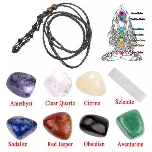GKNET Interchangeable Macrame Pouch Bag with 7 Chakra Tumbled Stone & Selenite Set-Black