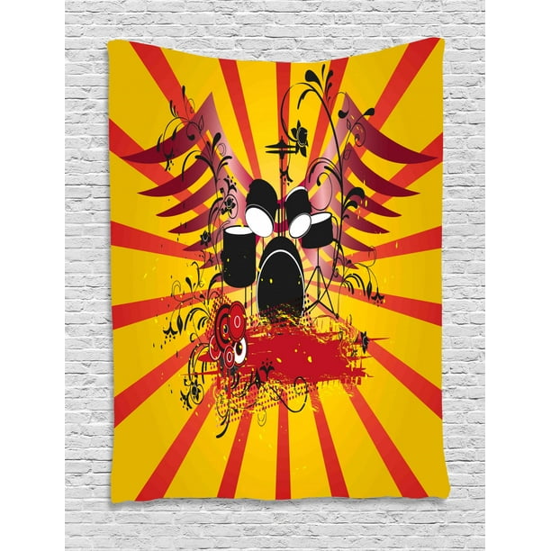 Drums Tapestry, Grunge Style Illustration of Drums Equipment and Retro