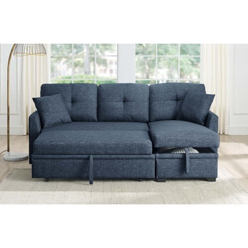 Convertible Sleeper Sofa Bed, 76.5" L Shaped Sectional Couch Pull Out Bed Reversible Storage Chaise Compact Linen Sofa Small Space Apartment Living Room,Dark Blue