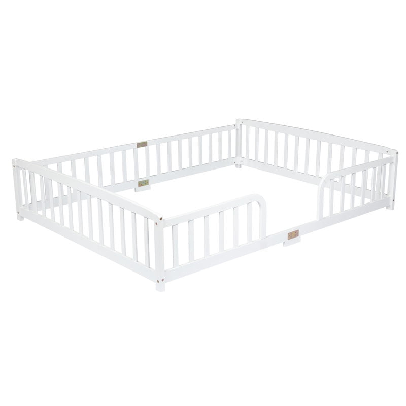 Queen Size Montessori Kids Floor Bed with Entrance, Toddler Crib Fence Bed, Low-Profile Wood Platform Bed Frame with Curved Guardrails