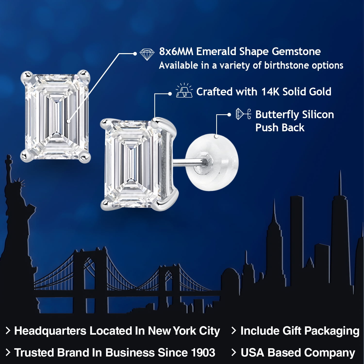 Gem Stone King 14K Gold IGI Certified Lab Grown Diamond Stud Earrings | 4 Ct | Emerald Cut | D-E Color | VS1-VS2 Clarity | Gold Earrings for Women Men
