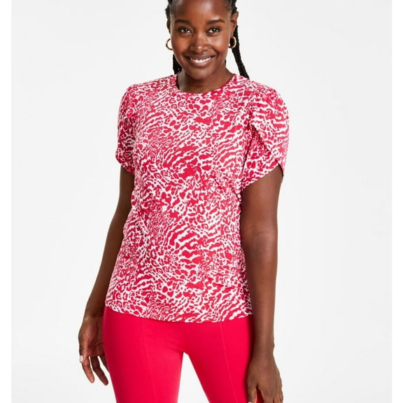 Michael Kors Womens Animal Print Petal Sleeve Knit Blouse, Red, Petite, PP/PXS