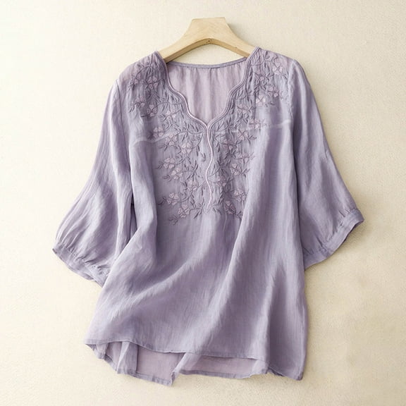 Njoeus Women's 3/4 Sleeve Embroidered Boho Shirts Summer Peasant Tops Comfy Cotton Blended Tunic Blouses Beach Cover Up