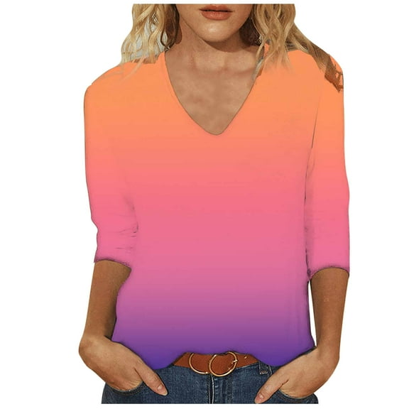 Summer Savings 2024! TAGOLD Womens 3/4 Long Sleeve Summer Tops, Women's Fashion Printing Loose T-shirt 3/4 Sleeves Blouse V-Neck Casual Tops