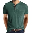 thumbnail image 2 of Mens Chest Pocket Shirt Short Sleeve Henley Collar Shirt Solid Color Cotton Button Front Classic Fit Regular Casual Tee, #02 Green, L, 2 of 6