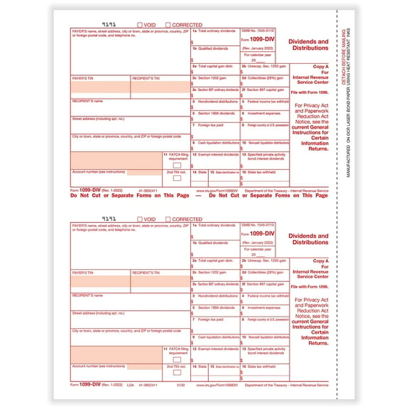 ComplyRight 2022 1099-DIV Tax Form 2-Part 2-Up Copy A 50/Pack (513050)