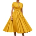 thumbnail image 2 of POTETI Dresses for Women Yellow Maxi Dress for Women Summer Crew Neck Solid Color Wrinkle Dress Sundresses with Pockets, 2 of 6