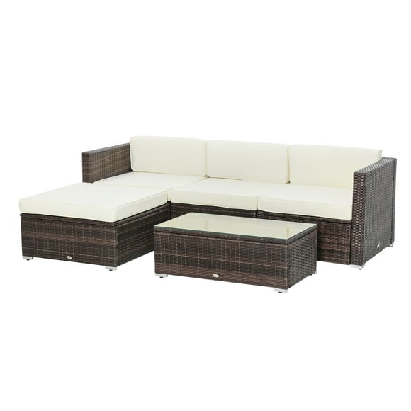 Outsunny 5 Pieces Patio Furniture Set Deluxe Outdoor Wicker Sofa Set Rattan Couch Garden Sectional with Aluminum Frame, Tempered Glass Top Table & cushion, Brown
