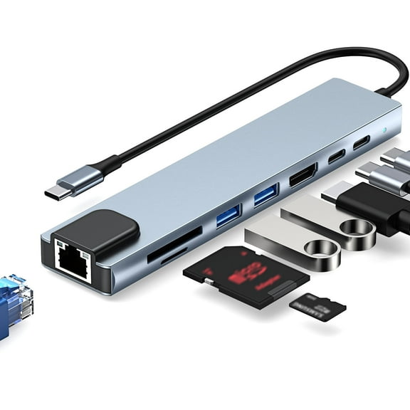 GAOBAO USB C Hub, USB C Ethernet Multiport Adapter, 8 In 1 USB C to HDTV Dock Compatible for Macbook Pro/Air, Chromebook, Dell XPS, HP and Type C Devices