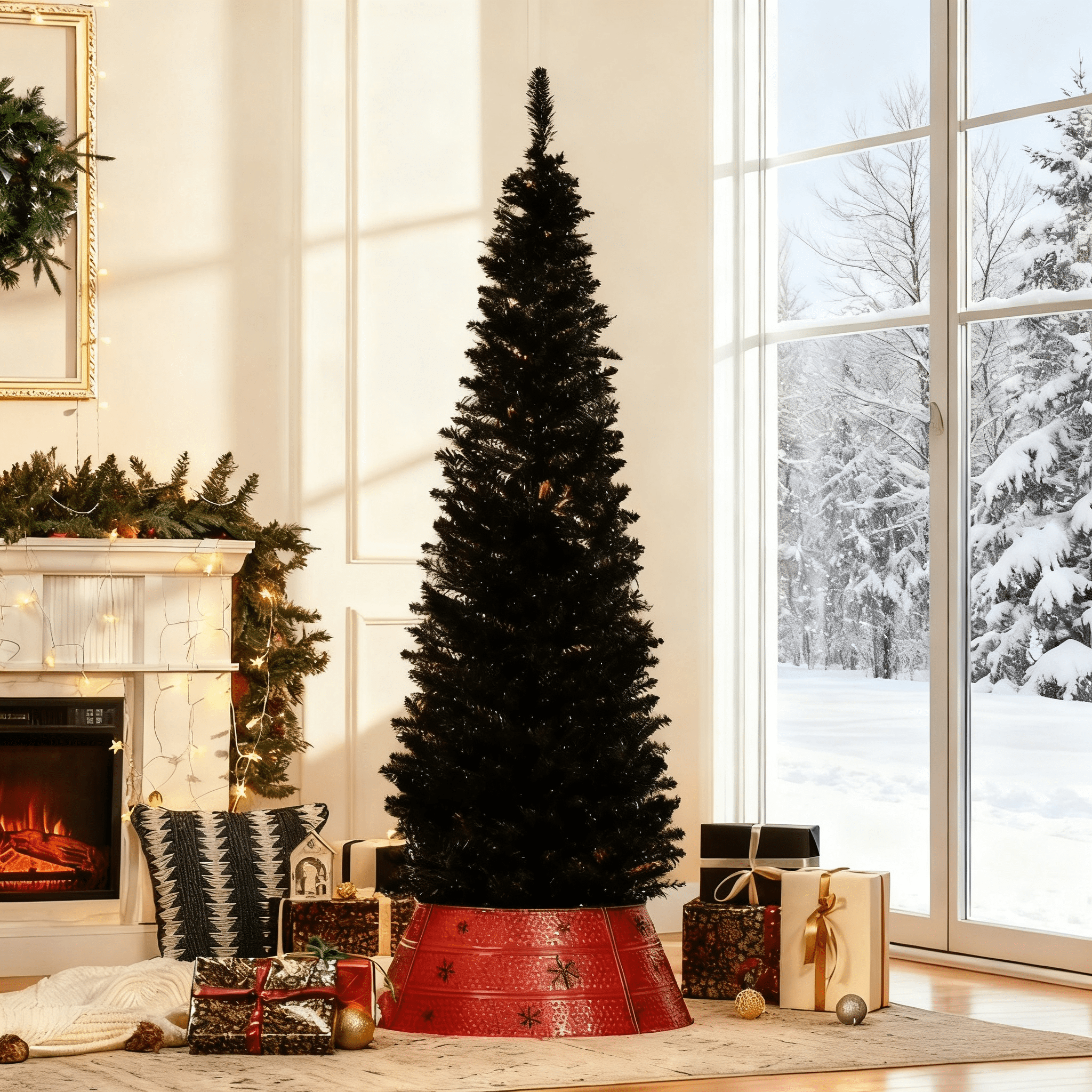 6ft Unlit Black Pencil Christmas Tree 390 Tips Easy Assembly Plastic Base Small Space Holiday Decor