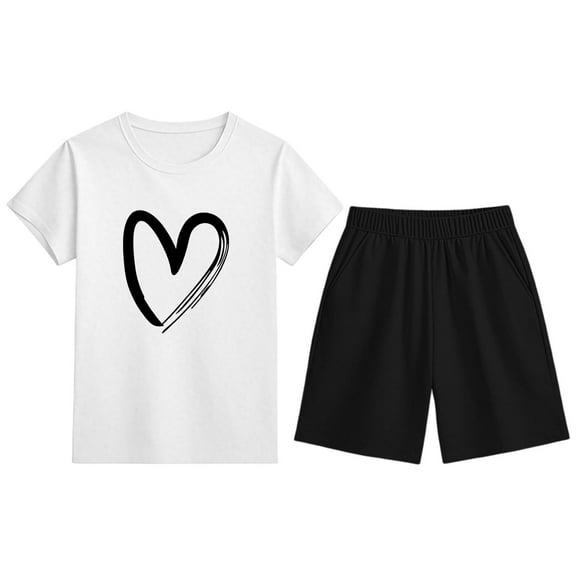 Gaexia Girl Outfits Size 10-12,Girls Outfits Set Heart Print Short Sleeve Top and Shorts Casual Wear for Kids Ages 3-13 Comfortable Everyday Spring Summer Outfit